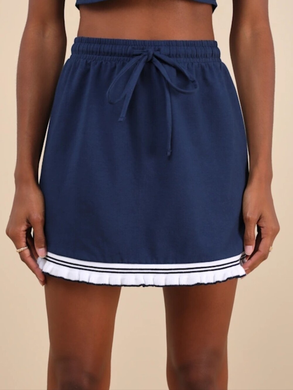 Lulus Sweet Score Navy Blue Ruffled Drawstring High-rise Mini Skirt - Size L